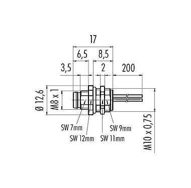Bản vẽ tỷ lệ M8 Phích cắm gắn bảng, Số lượng cực : 3, không có chống nhiễu, dây đơn, IP67, UL 2238, M10x0,75, Gắn phía trước, túp lều