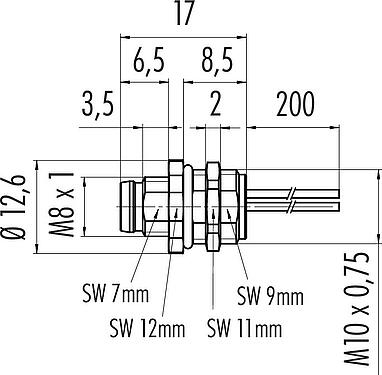 Dessin coté M8 Embase mâle, Contacts: 3, non blindé, fils, IP67, UL 2238, M10x0,75, Montage frontal, coulé