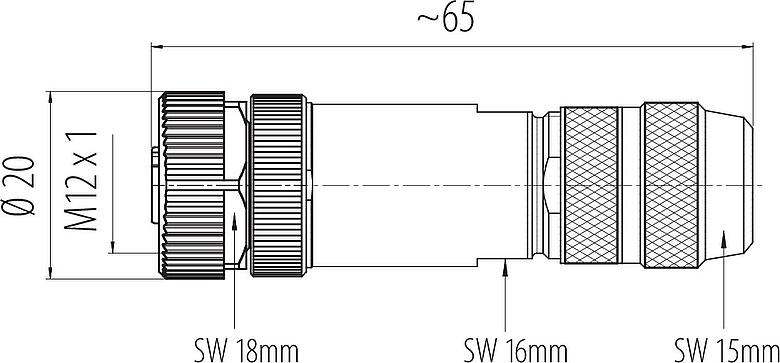 스케일 드로잉 M12 케이블 소켓, 콘택트 렌즈: 5, 8.0-9.0mm, 차폐 가능, 나사 클램프, IP67, UL 2238, 아이리스 스프링