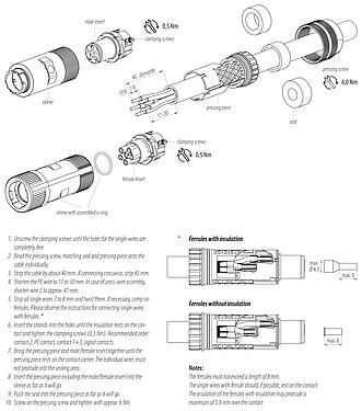 Instrução de montagem 99 6165 000 06 - Baioneta Plugue de cabo, Contatos: 6 (3+PE+2), 7,0-14,0 mm, desprotegido, pinça de parafuso, IP67 conectado e trancados