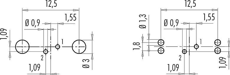 Conductor layout M9 Male panel mount connector, Contacts: 2, shieldable, THT, IP67, M12x0.5, Rear mounting, potted