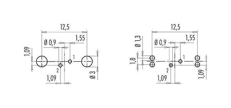 Conductor layout M9 Male panel mount connector, Contacts: 2, shieldable, THT, IP67, M12x0.5, Rear mounting, potted