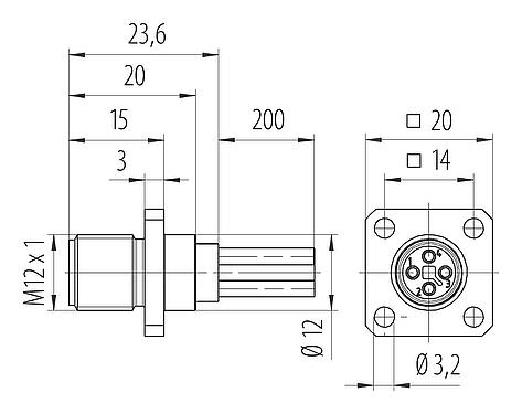 Dessin coté M12 Embase mâle, carré, Contacts: 4, non blindé, fils, IP40, UL 2238, M3 (4x), Montage frontal, coulé