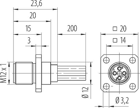 Bản vẽ tỷ lệ M12 Phích cắm gắn bảng, bốn cạnh, Số lượng cực : 4, không có chống nhiễu, dây đơn, IP40, UL 2238, M3 (4x), Gắn phía trước, túp lều