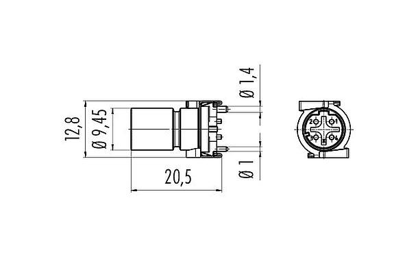 縮尺図 M12 オスパネルマウントコネクタ, 極数: 4, シールド可能, SMT, IP67