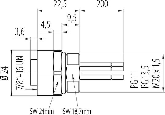 Maßzeichnung 7/8" Flanschdose, Polzahl: 2+PE, ungeschirmt, Litzen, IP68, UL 2238, VDE, PG 13,5, Frontmontage, vergossen