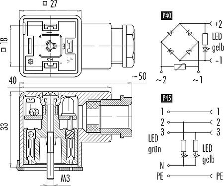 ケーブル設計 メス電源コネクタ, 極数: 3+PE, 6.0-8.0mm, 非シールド, ねじ圧着, シールなしのIP40, PG 9, サーキット P45, LED PNP付き