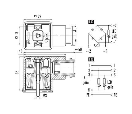 Pin assignment plans 43 1732 146 04 - Female power connector, Contacts: 3+PE, 8.0-10.0 mm, unshielded, screw clamp, IP40 without seal, Circuit P45, with LED PNP