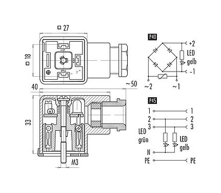 Diseño del cable Conector hembra de potencia, Número de contactos: 3+PE, 6,0-8,0 mm, sin blindaje, tornillo extraíble, IP40 sin junta, PG 9, Circuito P45, con LED PNP