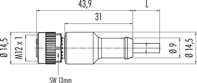 Scale drawing M12 Female cable connector, Contacts: 3, unshielded, moulded on the cable, IP68/IP69K, UL 2238, PVC, grey, 3 x 0.34 mm², 5 m