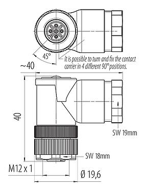 Bản vẽ tỷ lệ M12 Phích cắm đôi - ổ cắm góc, Số lượng cực : 4, 2.1-3.0 mm (2 cáp) hoặc 4-5 mm (2 cáp), không có chống nhiễu, kẹp vít, IP67