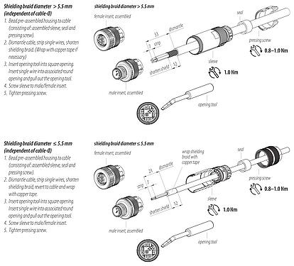 Monteringsanvisningar M12 Kabelplugg, antal poler: 5, 5,0-8,0 mm, kan skärmas, dragavlastning, IP67, Irisfjäder