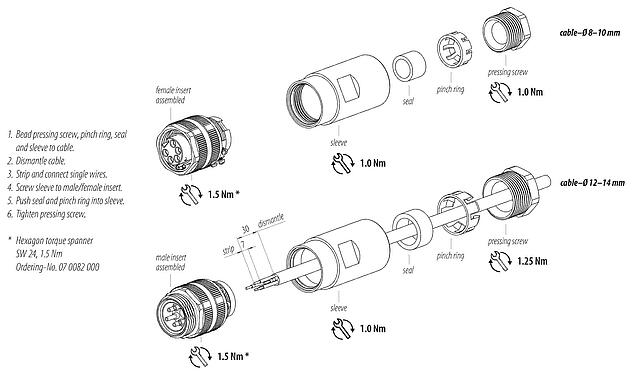 Instrucción de montaje 7/8" Conector de cable macho, Número de contactos: 2+PE, 12,0-14,0 mm, sin blindaje, tornillo extraíble, IP67, UL 2238, VDE