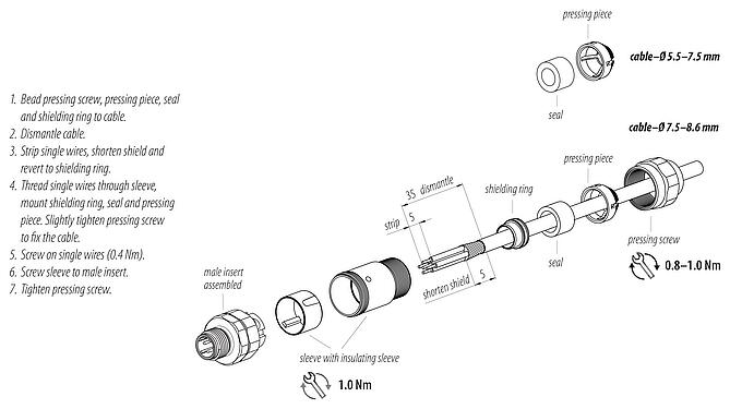 組立指示書 M12 オスコネクタケーブル, 極数: 4, 5.5-8.6mm, シールド可能, ねじ圧着, IP69K, UL 2238, ステンレススチール, シールドリング付き