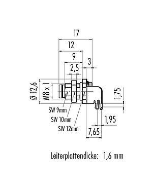 Maßzeichnung M8 Flanschstecker, Polzahl: 5, schirmbar, THT, IP67, UL 2238, M8x1,0, Rückwandmontage