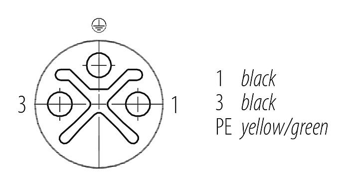 Disposition des contacts (Côté plug-in) 76 0642 1136 00033-0200 - M12 Embase femelle, Contacts: 3, non blindé, fils, IP68, UL 2238, M16x1,5, Montage mural arrière