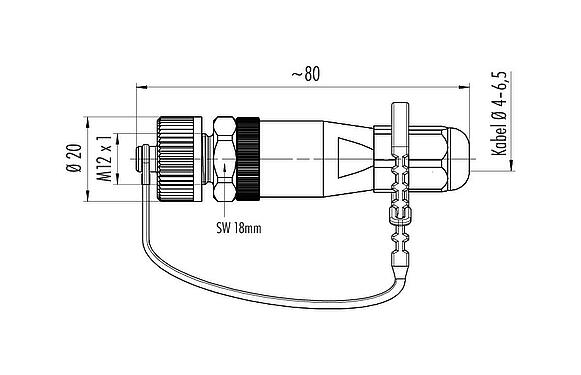 Maßzeichnung M12 Kabelstecker, Polzahl: 5, 4,0-6,5 mm, ungeschirmt, schraubklemm, IP68/IP69K, für Outdoor Anwendungen, UV-Beständig