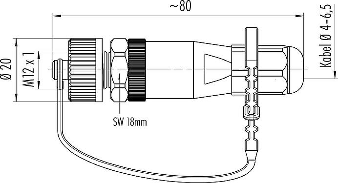 Maßzeichnung M12 Kabelstecker, Polzahl: 5, 4,0-6,5 mm, ungeschirmt, schraubklemm, IP68/IP69K, für Outdoor Anwendungen, UV-Beständig