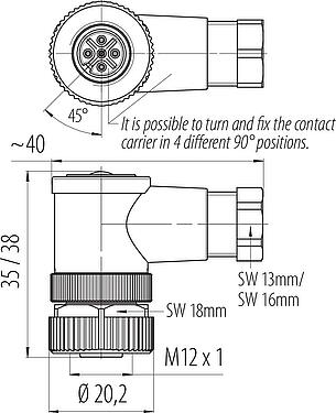 Scale drawing M12 Female angled connector, Contacts: 5, 4.0-6.0 mm, unshielded, screw clamp, IP67, UL 2238
