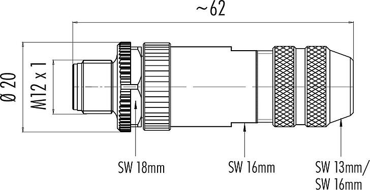 Scale drawing M12 Male cable connector, Contacts: 5, 4.0-6.0 mm, shieldable, screw clamp, IP67, UL 2238, with shielding ring