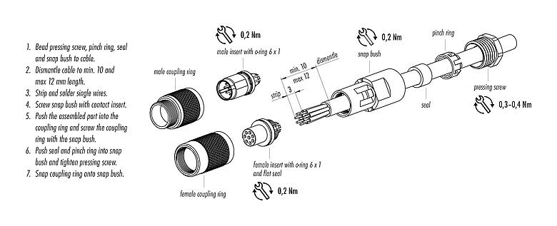 조립 지침 99 0410 00 04 - M9 케이블 소켓, 콘택트 렌즈: 4, 3.5-5.0mm, 차폐되지 않음, 솔더, IP67