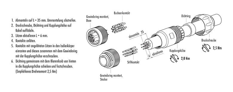 Montageanleitung RD24 Kabelstecker, Polzahl: 6+PE, 7,0-17,0 mm, ungeschirmt, löten, IP67, UL, ESTI+, VDE