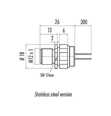 Dessin coté 76 2831 0111 00008-0200 - M12 Embase mâle, Contacts: 8, non blindé, fils, IP68, UL 2238, M16x1,5, Montage frontal, Acier inoxydable, positionnable