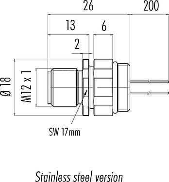 Scale drawing M12 Male panel mount connector, Contacts: 4, unshielded, single wires, IP68/IP69K, UL 2238, M16x1.5, Front mounting, stainless steel, positionable, potted