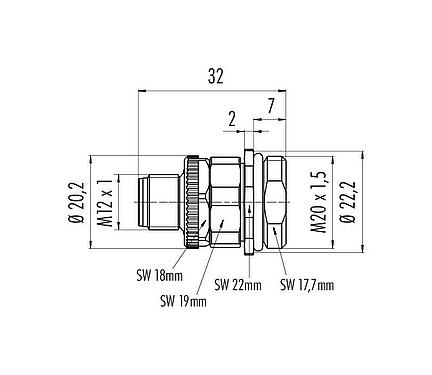 Dessin coté M12 Embase mâle, Contacts: 4, non blindé, pince à visser, IP67, UL 2238, M20x1,5, Montage frontal, pour l'alimentation électrique