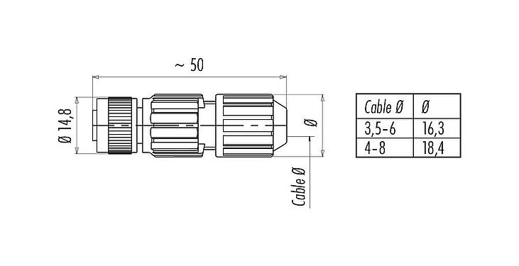 Bản vẽ tỷ lệ M12 Ổ cắm cáp, Số lượng cực : 4, 4,0-8,0mm, không có chống nhiễu, IDC, IP67