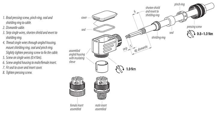 組裝說明 M12 彎角孔頭電纜連接器, : 4, 6.0-8.0mm, 可接遮罩, 螺釘接線, IP67, UL 2238, 附防護環