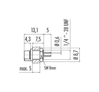 Maßzeichnung Snap-In Flanschdose, Polzahl: 5, ungeschirmt, THT, IP40, 1/4" 28 UNF, Frontmontage