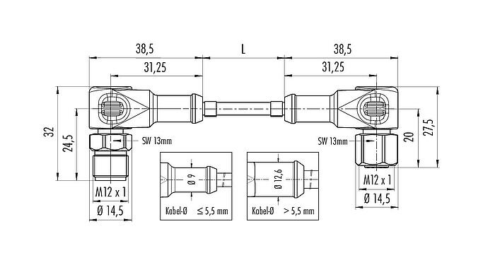 Maßzeichnung M12 Verbindungsleitung Winkelstecker - Winkeldose, Polzahl: 5, ungeschirmt, am Kabel angespritzt, IP67/IP69K, UL 2238, Ecolab, PVC, grau, 5 x 0,34 mm², Lebensmittelindustrie, Edelstahl, 2 m