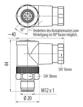 Maßzeichnung M12 Winkelstecker, Polzahl: 4, 6,0-8,0 mm, ungeschirmt, schraubklemm, IP67, UL 2238