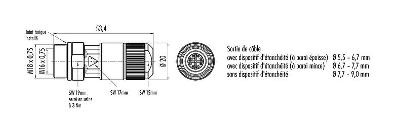 Dessin coté M16 Connecteur femelle, Contacts: 8, 5,5-9,0 mm, blindable, IDC, IP67