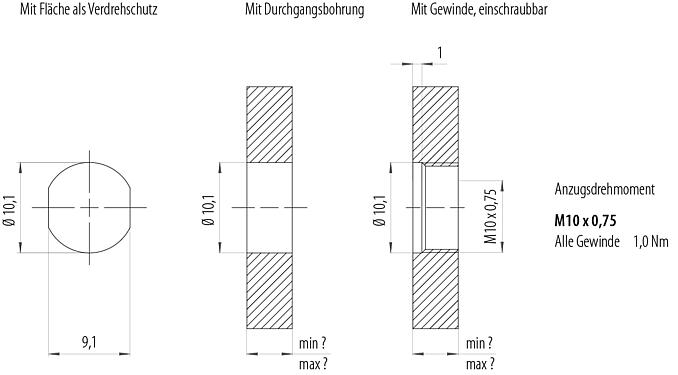 Montageanleitung / Montageausschnitt M8 Flanschdose, Polzahl: 4, löten, IP67/IP69K, M10x0,75, Rückwandmontage, mit Lötkelchen