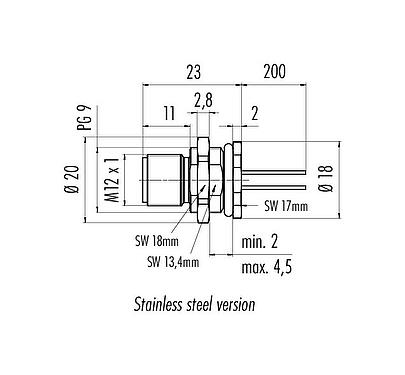 Dibujo a escala M12 Enchufe de brida, Número de contactos: 5, sin blindaje, hilos, IP68, UL 2238, PG 9, Montaje en pared, Acero inoxidable, moldeado