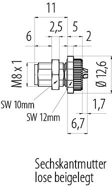 Maßzeichnung M8 Flanschstecker, Polzahl: 4, löten, IP67/IP69K, M10x0,75, Rückwandmontage, mit Lötkelchen