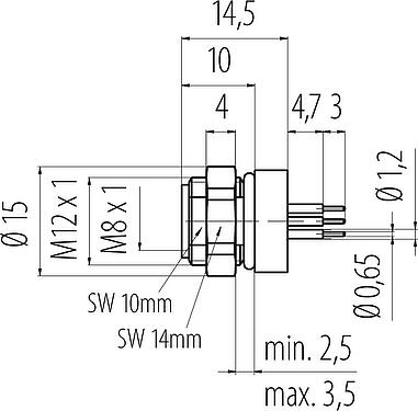 Scale drawing M8 Female panel mount connector, Contacts: 4, unshielded, THT, IP67, M12x1.0, Rear mounting, potted