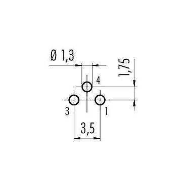 Conductor layout 09 3412 186 03 - M8 Female panel mount connector, Contacts: 3, unshielded, THT, IP67, M12x1.0, front fastened