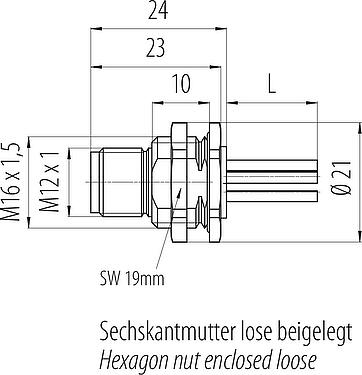 Bản vẽ tỷ lệ M12 Phích cắm gắn bảng, Số lượng cực : 5, không có chống nhiễu, dây đơn, IP68, UL 2238, M16x1,5, Chốt trung tâm, có thể vặn từ phía trước, túp lều