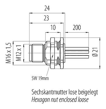 Dessin coté 76 0645 1134 00035-0200 - M12 Embase mâle, Contacts: 5, non blindé, fils, IP68, UL 2238, M16x1,5, Montage mural arrière, vissable par l'avant