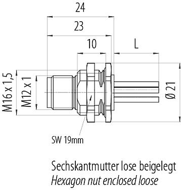 Bản vẽ tỷ lệ M12 Phích cắm gắn bảng, Số lượng cực : 5, không có chống nhiễu, dây đơn, IP68, UL 2238, M16x1,5, Chốt trung tâm, có thể vặn từ phía trước, túp lều