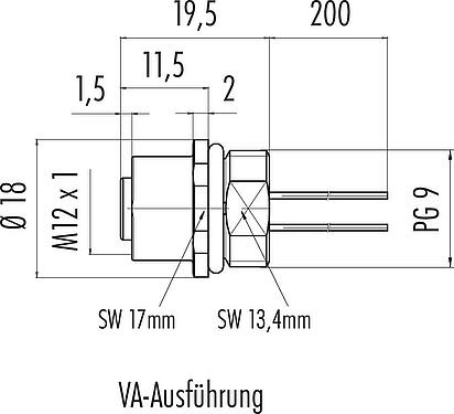 Maßzeichnung M12 Flanschdose, Polzahl: 4, ungeschirmt, Litzen, IP68, UL 2238, PG 9, Frontmontage, Edelstahl, vergossen