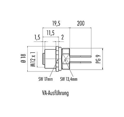 Maßzeichnung M12 Flanschdose, Polzahl: 12, ungeschirmt, Litzen, IP68, UL 2238, PG 9, Frontmontage, Edelstahl, vergossen