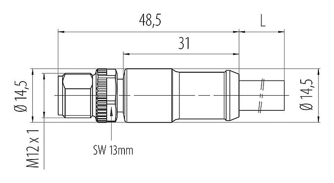 Dessin coté M12 Connecteur mâle, Contacts: 2+PE, non blindé, surmoulé sur le câble, IP68, UL 2238, PUR, noir, 3 x 1,50 mm², 2 m
