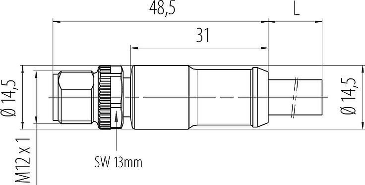 Maßzeichnung M12 Kabelstecker, Polzahl: 2+PE, ungeschirmt, am Kabel angespritzt, IP68, UL 2238, PUR, schwarz, 3 x 1,50 mm², 5 m