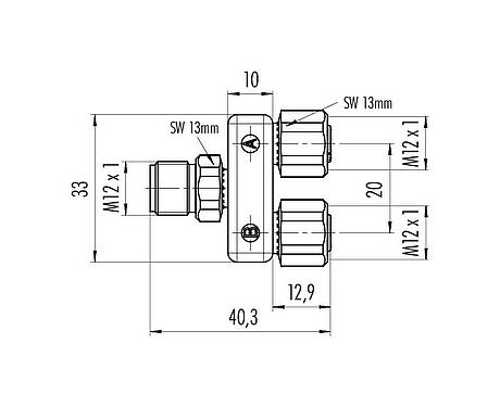 Maßzeichnung M12 Zweifachverteiler, Y-Verteiler, Stecker - 2 Dosen, Polzahl: 5, ungeschirmt, steckbar, IP68, UL 2238, Edelstahl