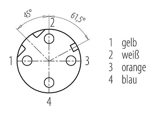 Polbild (Steckseite) M12 Flanschdose, Polzahl: 4, geschirmt, mit Kabel konfektioniert, IP67, UL, M16x1,5, Profinet, PUR, grün, 2 x 2 x AWG 22, Frontmontage, 0,5 m