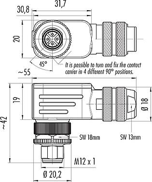 Scale drawing M12 Male angled connector, Contacts: 4, 6.0-8.0 mm, shieldable, screw clamp, IP67, UL 2238, with shielding ring